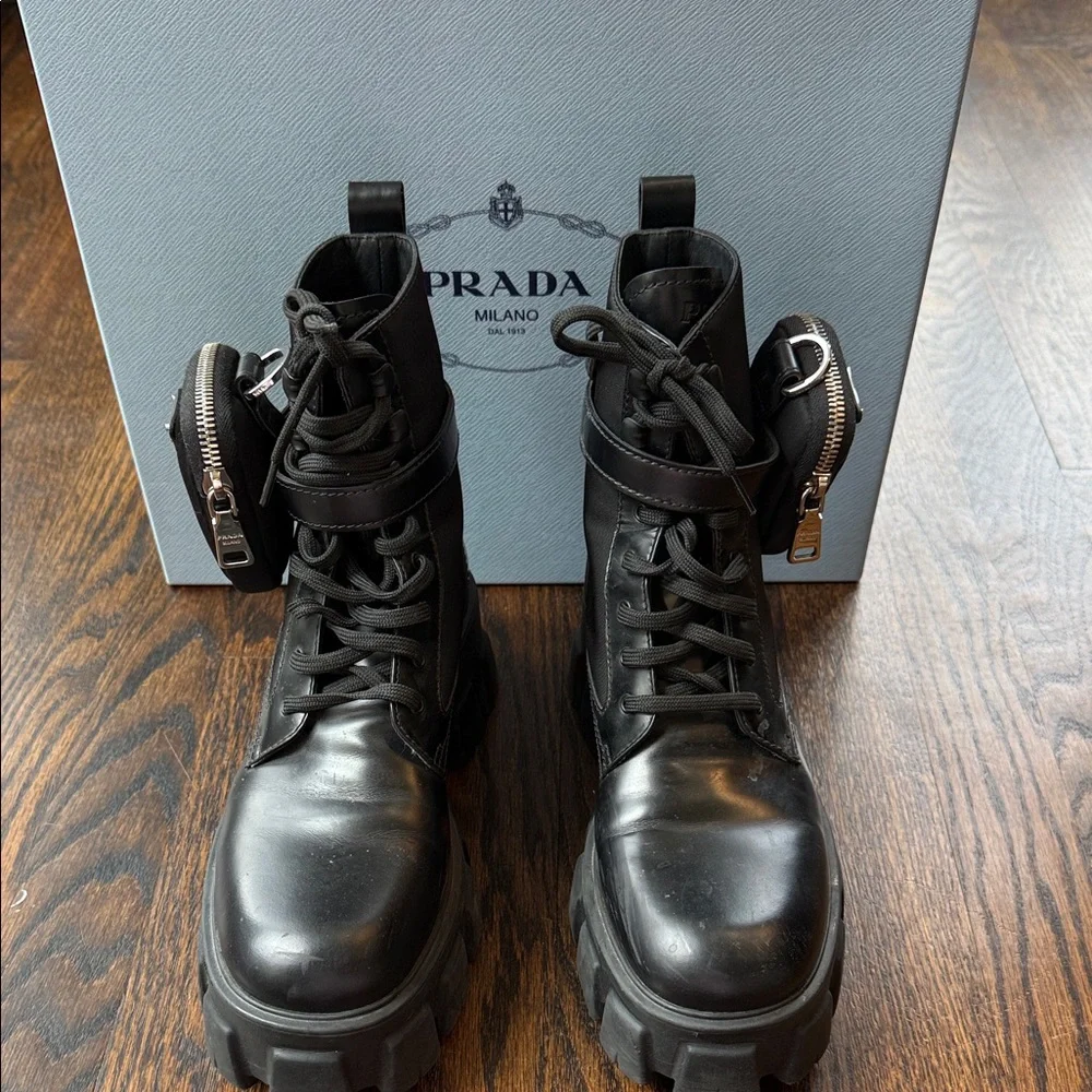 Prada Black Leather Lug-Sole Combat Boots with Detachable Mini Pouch - Picture 5 of 16